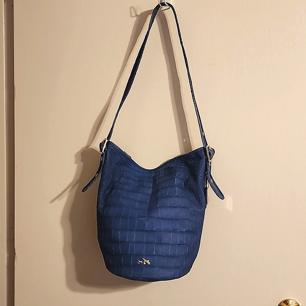 Coach blue denim leather embossed bucket handbag